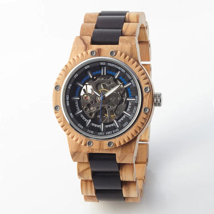 Automatic Skeleton Watch in Olive Wood - Men's Gift