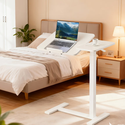 Adjustable Height Bed Tray Table & Tilting Laptop Desk - Heavy-Duty Metal Portable Bedside Workstation