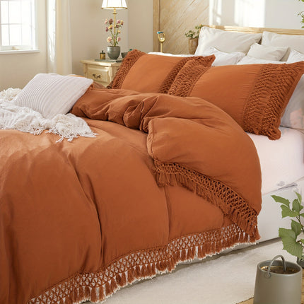 Beige Tassel Bedding Set 3pcs Quilt Cover Boho Solid Duvet Cover Set Burnt Orange Tassel Design with 50x75cm