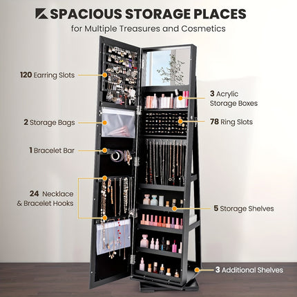 360° Rotating Jewelry Cabinet With Taller Full-length Mirror