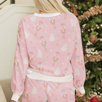 Pink Christmas Tree Nutcracker Doll Print Contrast Trim Long Sleeve Top Matching Shorts Set