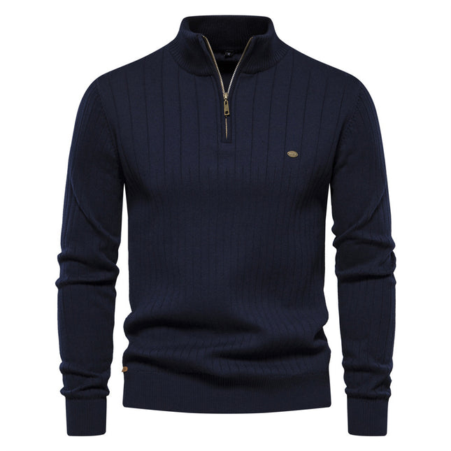 Men's Stand Collar Sweater Fashion Half-zipper Solid Color Striped Knit Sweate