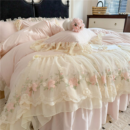 Skin-friendly Cotton Chiffon Lace Embroidery Four-piece Of Bed Skirt