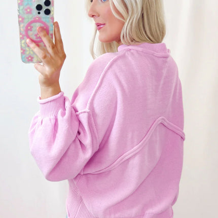 Pink Raw Edge Ribbed Detail Drop Shoulder Sweater