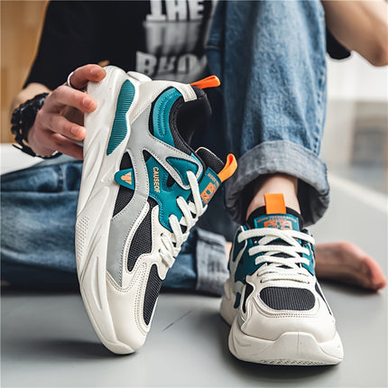 Men's Vintage Colour Block Chunky Shoes, Comfy Non Slip Durable Lace Up Soft Sole Sneakers