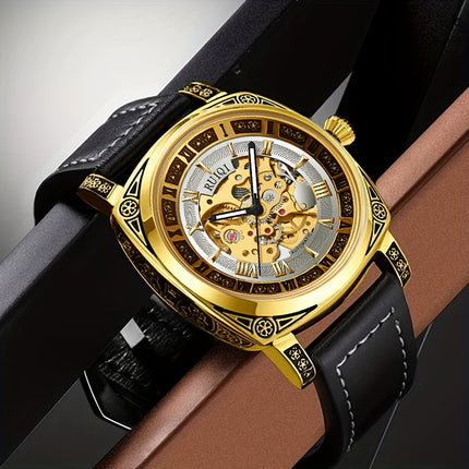 Men'S Luxury Vintage Automatic Mechanical Watch with Golden Hollow Carved Skeleton Dial,