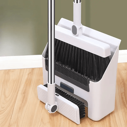 Adjustable Handle Upright Standing Broom and Dustpan Set - Heavy-Duty Long Handle with Ergonomic Grip,