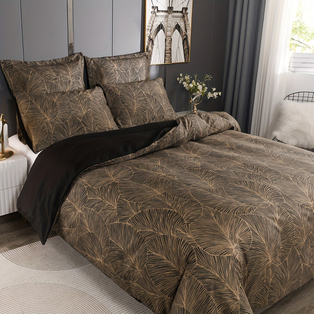 Duvet Cover Set, Dark Brown Leaf Print Bedding Set, Soft Comfortable Duvet Cover