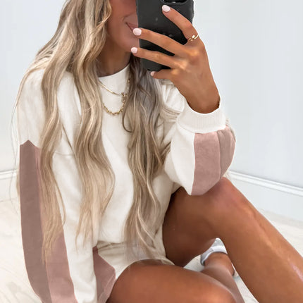 White Color Block Patchwork Drop Shoulder Pullover Casual Shorts 2pcs Outfit