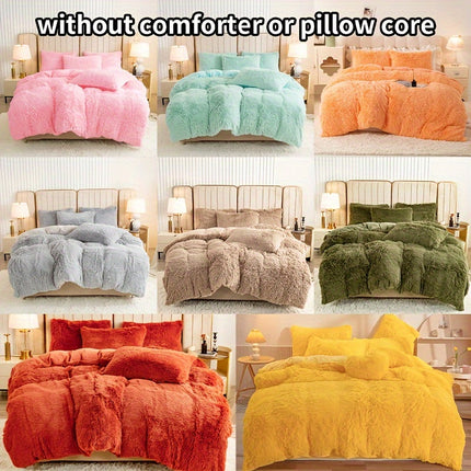 3pcs Solid Color Polyester Plush Duvet Cover Set, Winter Bedding, Machine Washable, Zipper Closure, 250-300g Fabric, Active Print, No Filler, Pillowcases Included