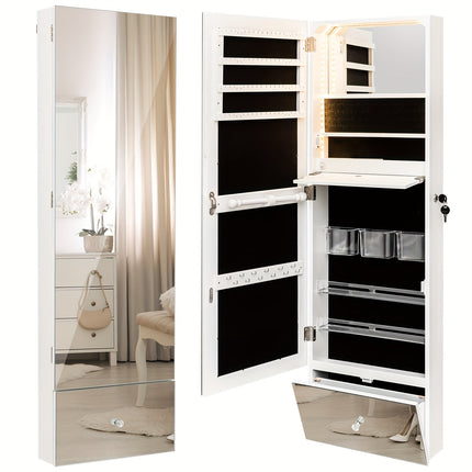 Wall Mounted Jewelry Cabinet Armoire Full-Length Mirror w/ LED Lights & Drawer