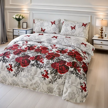3pcs Red Small Butterfly Rose Romantic Flower Cluster Down Duvet Cover Three-Piece Set, Bedding Sets