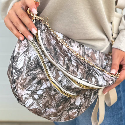 White Camouflage Print Double Zipper Crossbody Bag