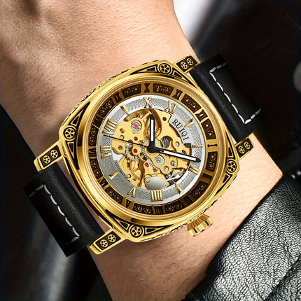 Men'S Luxury Vintage Automatic Mechanical Watch with Golden Hollow Carved Skeleton Dial,
