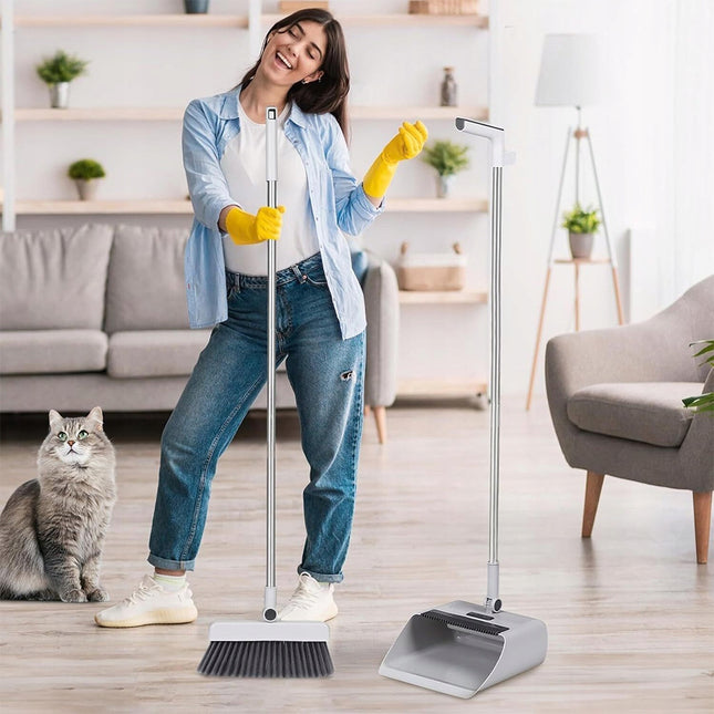 Three-Piece Broom and Dustpan Set with Upright Storage System for No-Stoop Cleaning, Broom Sweeping Set,
