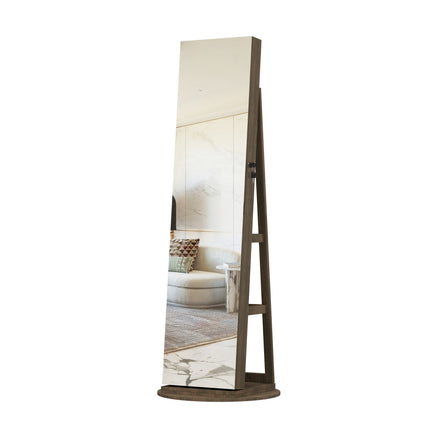 360°Swivel Jewelry Cabinet with Full Length Mirror, 360°Rotating Standing Jewelry Armoire Organizer , Lockable Storage Cabinet, Interior Lighted Mirror, Brown