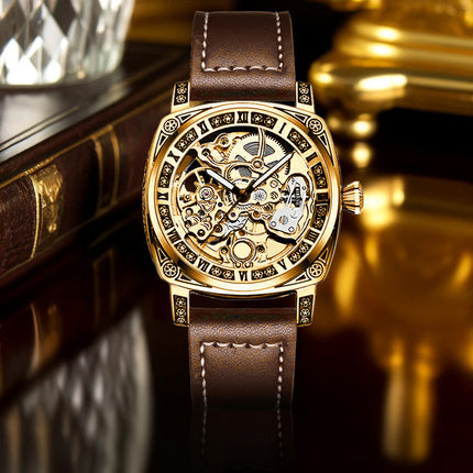 1pc Men'S Yellow Brown PU Belt Street Rascal Handsome Carved Tourbillon Fully Automatic