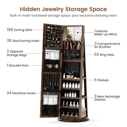 360° Rotating Jewelry Armoire With Lockable, 63" H Full Length Mirror With Jewelry Storage,