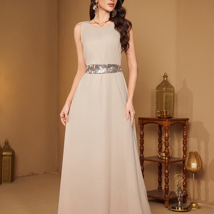 Elegant Directional Non-Positioning Floral Long-Sleeve Sequin Patchwork Dress with a Belt That Can Be Worn