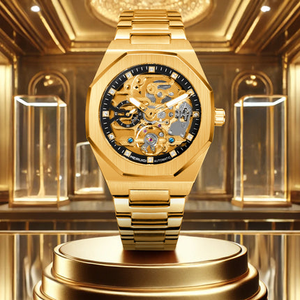 1pc Men'S Yellow & Black Steel Streetwear Rascal Handsome Polygon Automatic Tourbillon