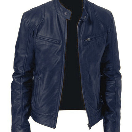 Men's Zip Cardigan PU Leather Jacket With Stand Collar