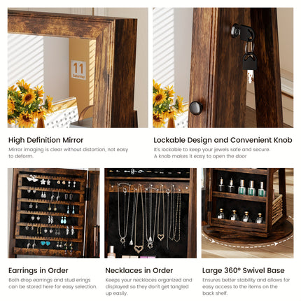 360° Rotating Jewelry Armoire With Lockable, 63" H Full Length Mirror With Jewelry Storage,