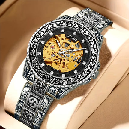 Luxury Men'S Stainless Steel Automatic Mechanical Watch - Vintage Skeleton Dial with Carved Hands