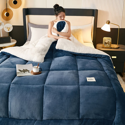 1pc Contemporary Plaid Pattern Quilted Comforter - Soft Warm Milk Velvet Fleece Blanket,