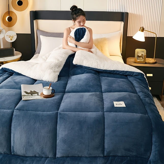 1pc Contemporary Plaid Pattern Quilted Comforter - Soft Warm Milk Velvet Fleece Blanket,