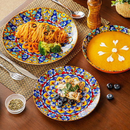 24pcs Dinner Set Stoneware Bohemian Style Tableware with Dinner Plate Dessert Plate Pasta Bowl Cereal Bowls