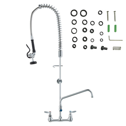 Commercial Faucet with Pre-Rinse Sprayer, 44' Height, 8' Center, 12' Swing Spout, Wall Mount Kitchen Sink Faucet, Brass Constructed Device with Pull Down Spray, for 1/2/3 Compartment Sink