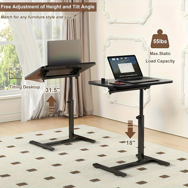 Table with Wheels - Mobile Bedside Desk & Laptop Stand, Sturdy Wood Surface & Stainless Steel Frame