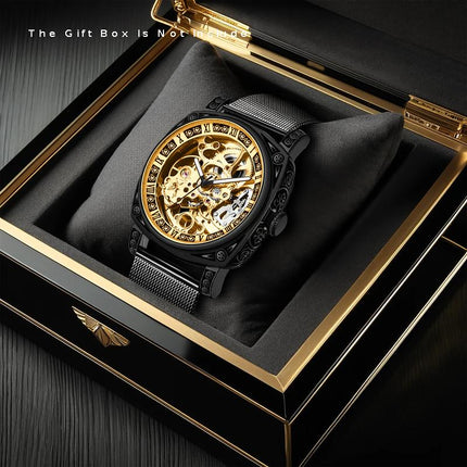 1pc Men'S Yellow Black Mesh Strap Simple Style Novel Carving Fully Automatic Tourbillon Hollow