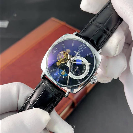 Elegant Men's Mechanical Watch - Retro Square Dial, Skeleton Design, Alloy Case