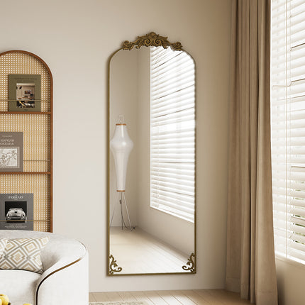 Full Length Mirror, 64"x21" Floor Mirror Freestanding With Carved Metal Frame & Bottom Art Carved,