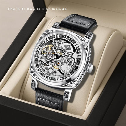 1pc Men'S Silvery Black PU Belt Simple Style Quality Ancient Roman Fully Automatic Tourbillon Mechanical Watch