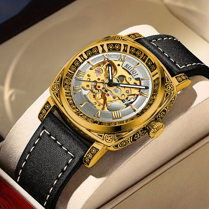 Men'S Luxury Vintage Automatic Mechanical Watch with Golden Hollow Carved Skeleton Dial,