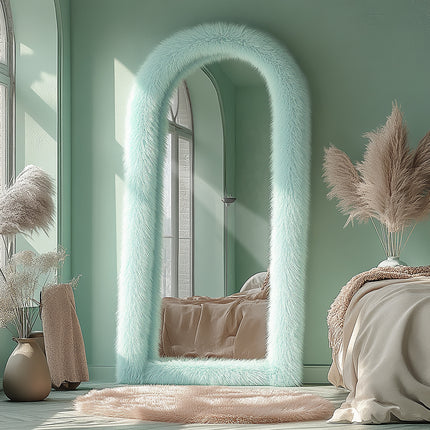 24" x 65" Arched Full-Length Mirror with Chic Blue Faux Fur Frame - Expansive Reflections, Glass Surface,