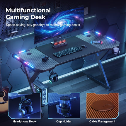 Y-Shaped Gaming Desk with RGB LED Lights Carbon Fiber Surface Computer Table Ergonomic Computer Desk