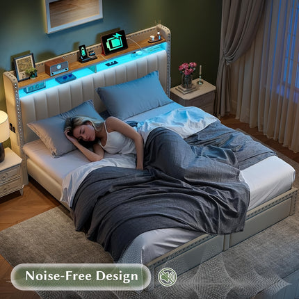 Color-Controlled Bed Frame With Light Strip And Socket, Three Sizes Available