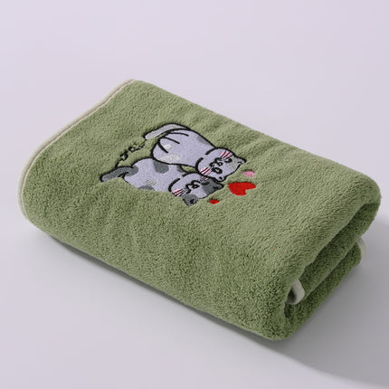 2pcs Cartoon Cat Embroidery Towel Set, Super Absorbent Coral Fleece, Soft & Comfortable