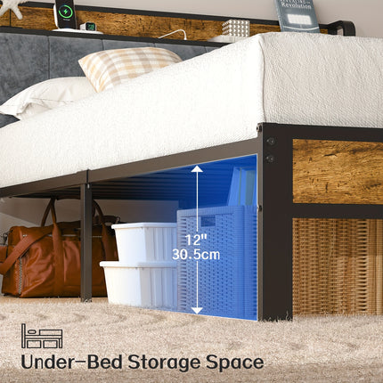 Bed Frame LED Metal Platform Bed with Storage Headboard And USB Charging Station,