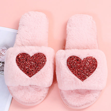 Pink Sequin Heart Shaped Slip On Plush Slippers