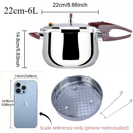 22cm/6L Large Capacity Stainless Steel Pressure Cooker with 1600-Ton Triple-Layer Base, 6 Safety Features