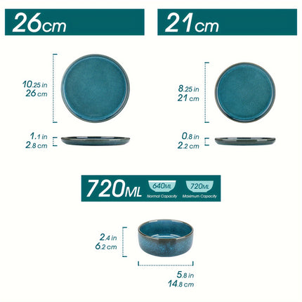 18pcs Elegant Blue Stoneware Dinner Set with Dual-Sided Reactive Glaze - Includes Dinner Plates