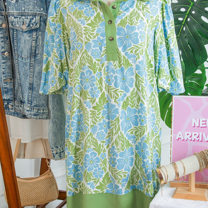 Sky Blue Floral Print Color Block Patchwork Shirt Collar Half Sleeve Mini Dress