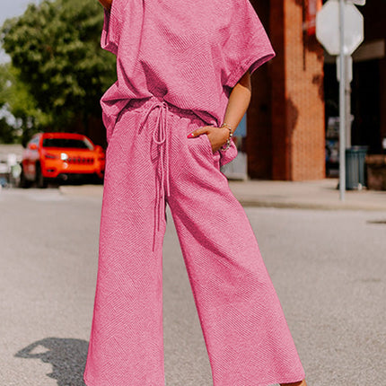 Strawberry Pink Textured Loose Fit T Shirt and Drawstring Pants Set