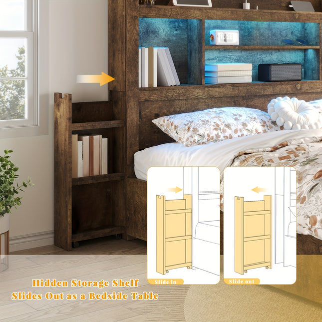 Wooden Bed Frame for a Farmhouse Style Featuring Four Storage Drawers, an LED Headboard