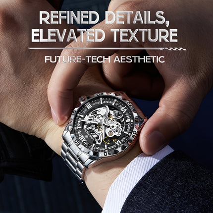 Men'S Automatic Mechanical Watch - Business Style, Hollow Dial, Round Case, Stainless Steel Strap