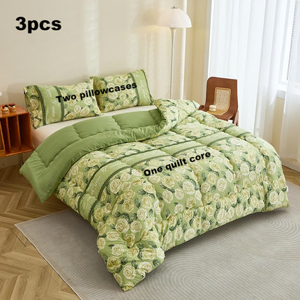 3pcs Fresh Green Rose Floral Comforter Set  Active Print, Multi-directional Quilting, High-Rebound Polyester Filling,